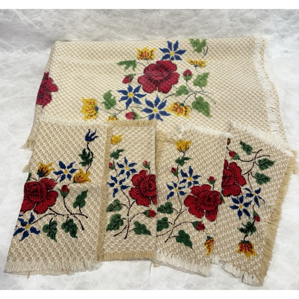 Vintage Floral Printed Tablecloth & Napkins Set Fringe Woven Beige Retro Cottage